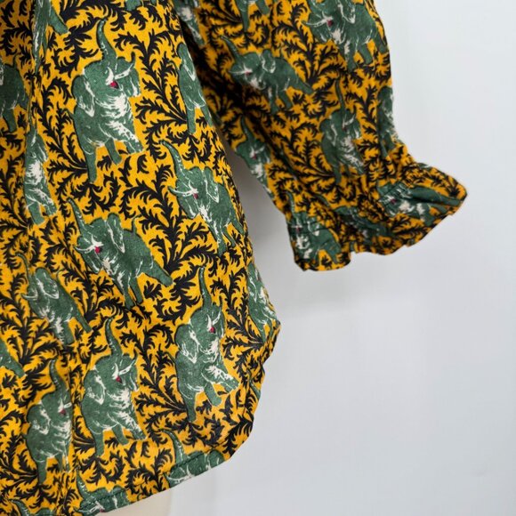 J. Crew Ratti Elephant Print Blouse Woman’s size 14 green off shoulder button up - Picture 7 of 14